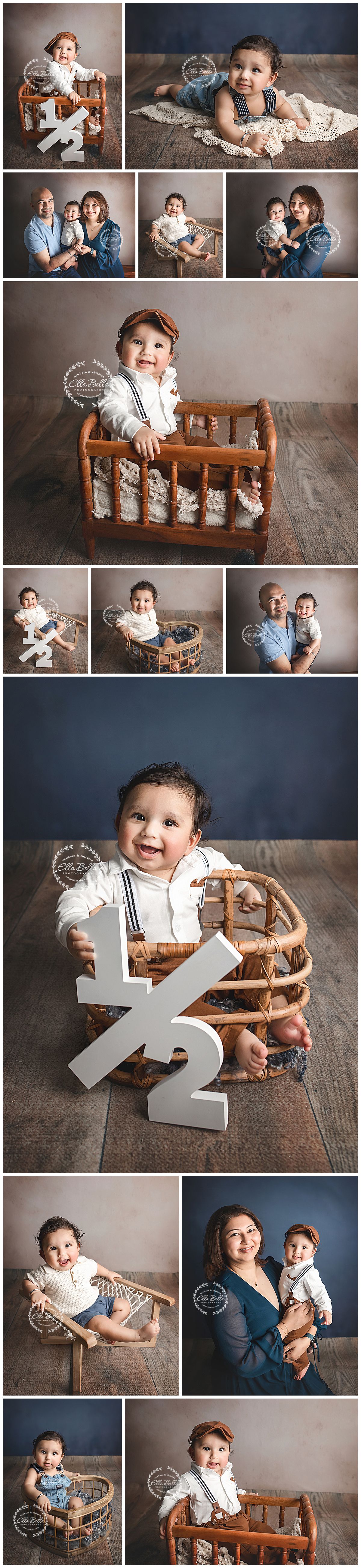Adorable baby boy six-month milestone photo collage with parents, vintage props, and a white half sign in a professional studio.