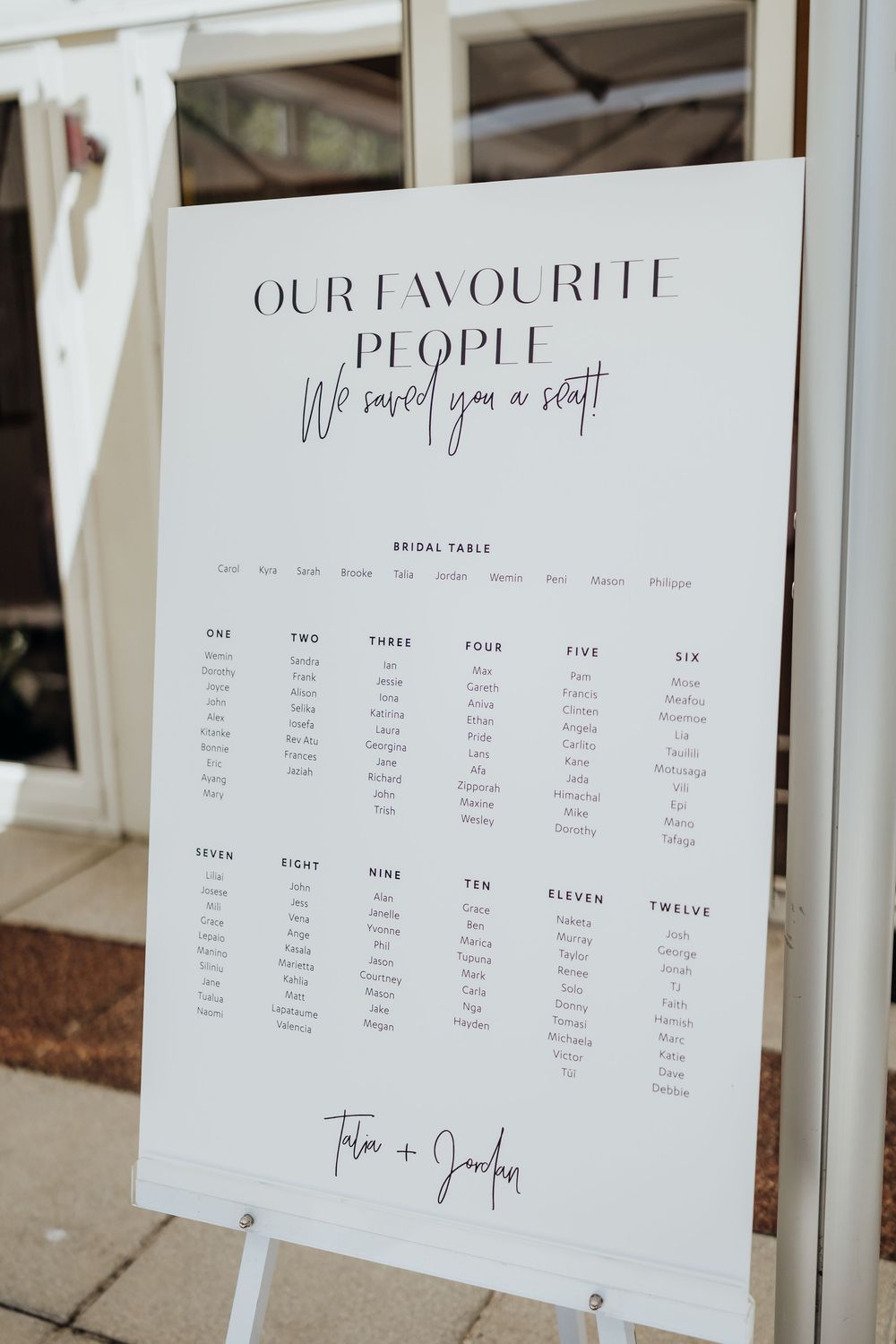 Elegant wedding seating chart sign reading Our Favourite People displayed on easel at venue entrance.