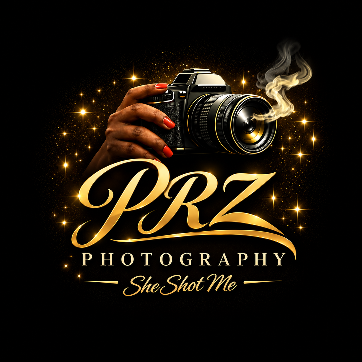 Paparazza Photography logo featuring a hand holding a camera with gold script text on black background.