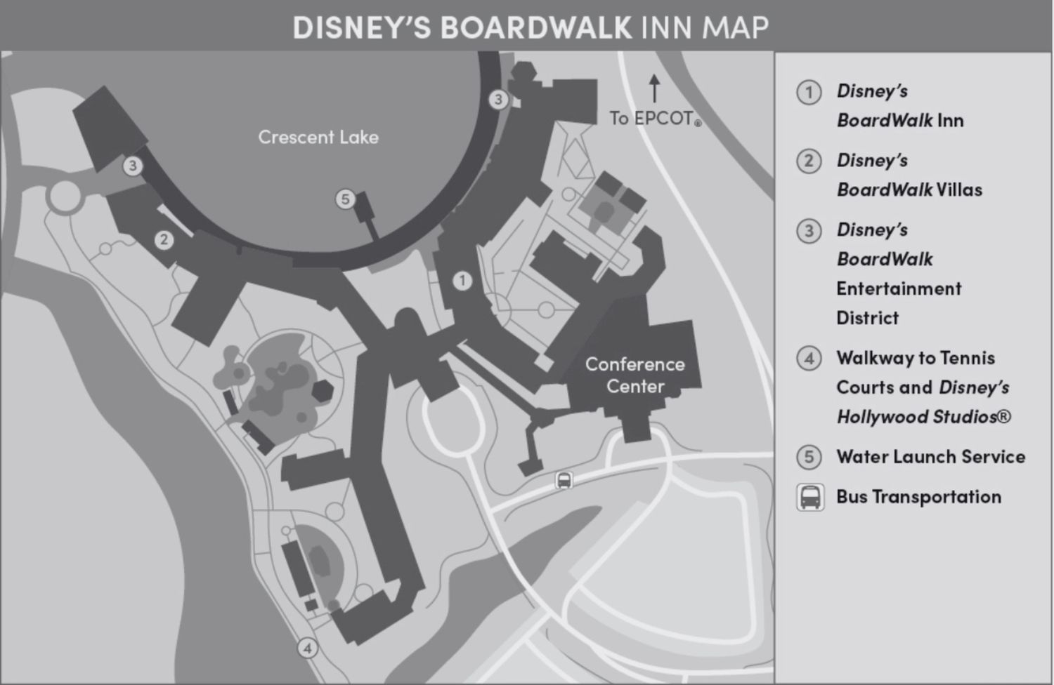 Black and white property map of Disney's BoardWalk Inn showing layout and key locations.
