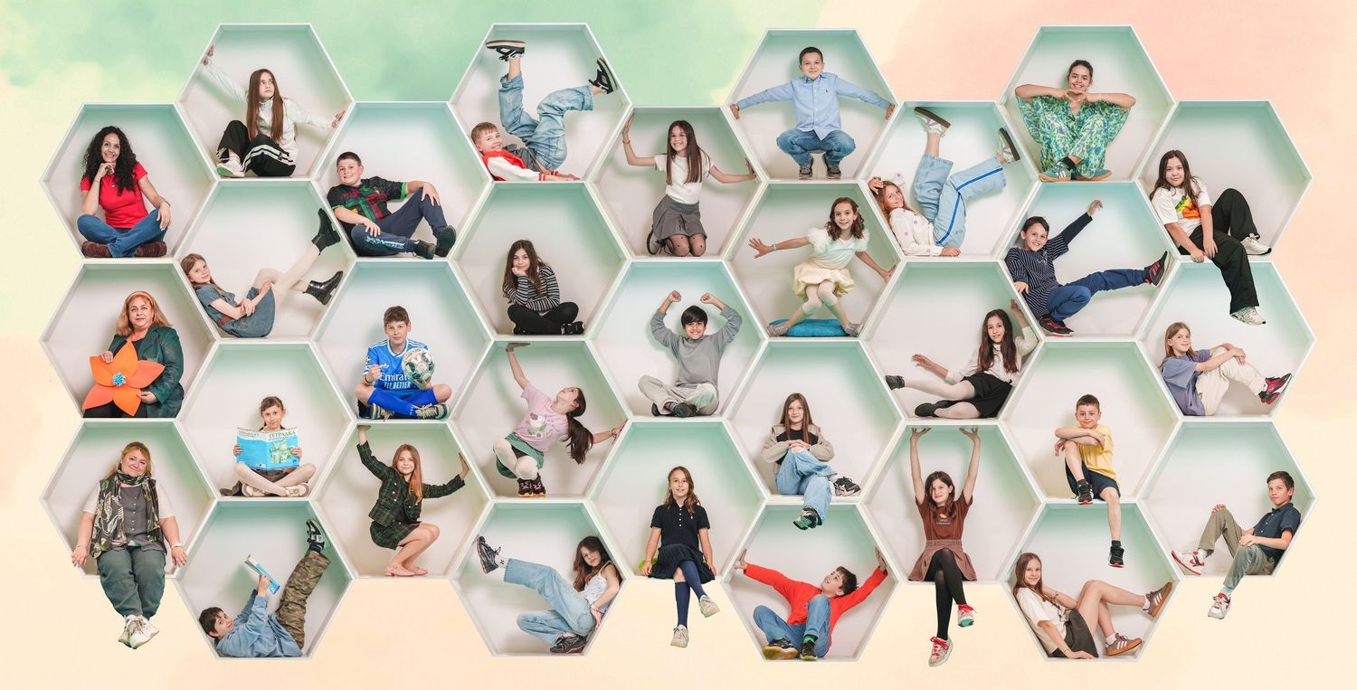 A colorful collage of diverse people posed in hexagonal honeycomb-shaped shelves against a pastel background.