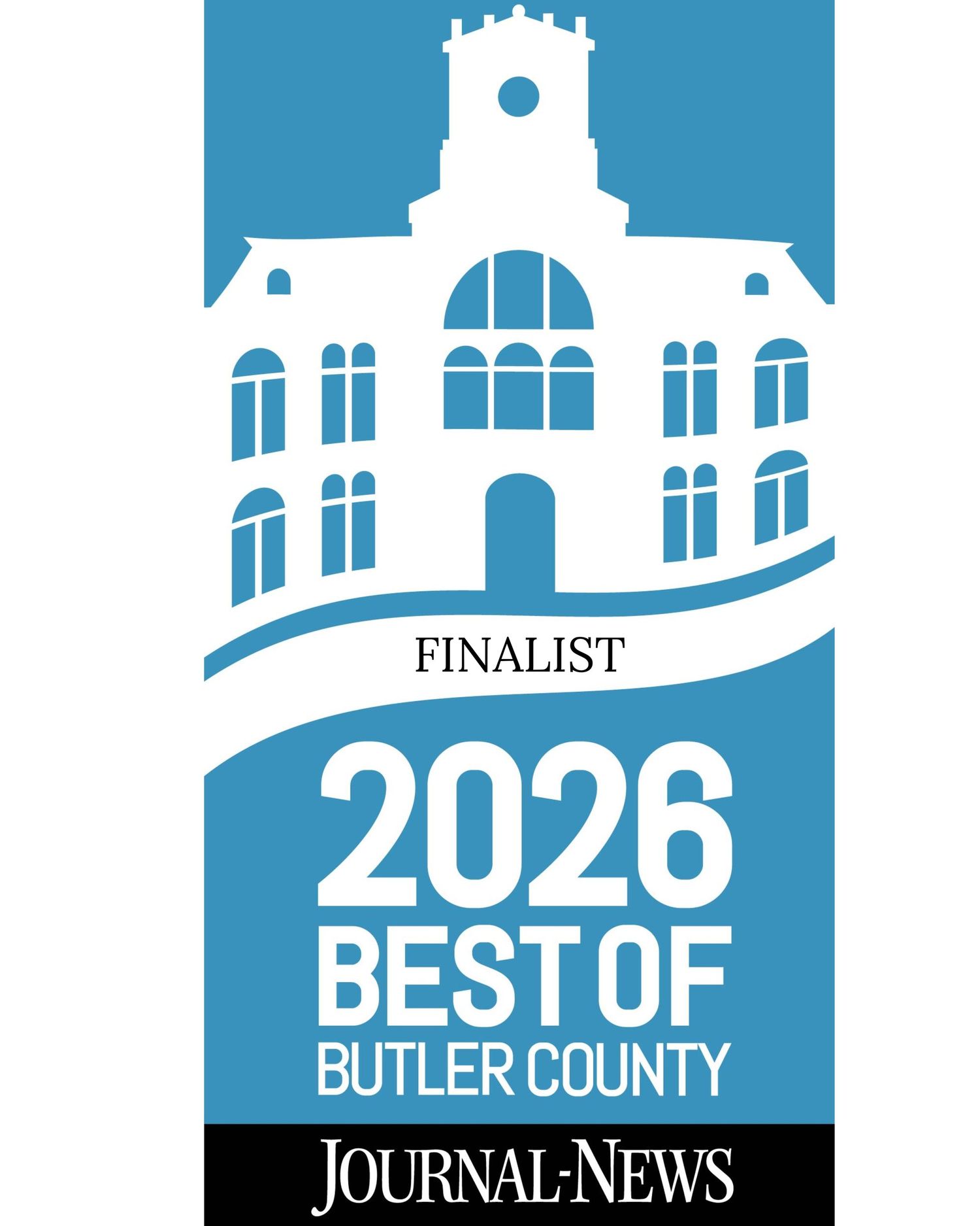 2026 Best of Butler County Finalist badge from Journal-News featuring a white building silhouette on blue background.