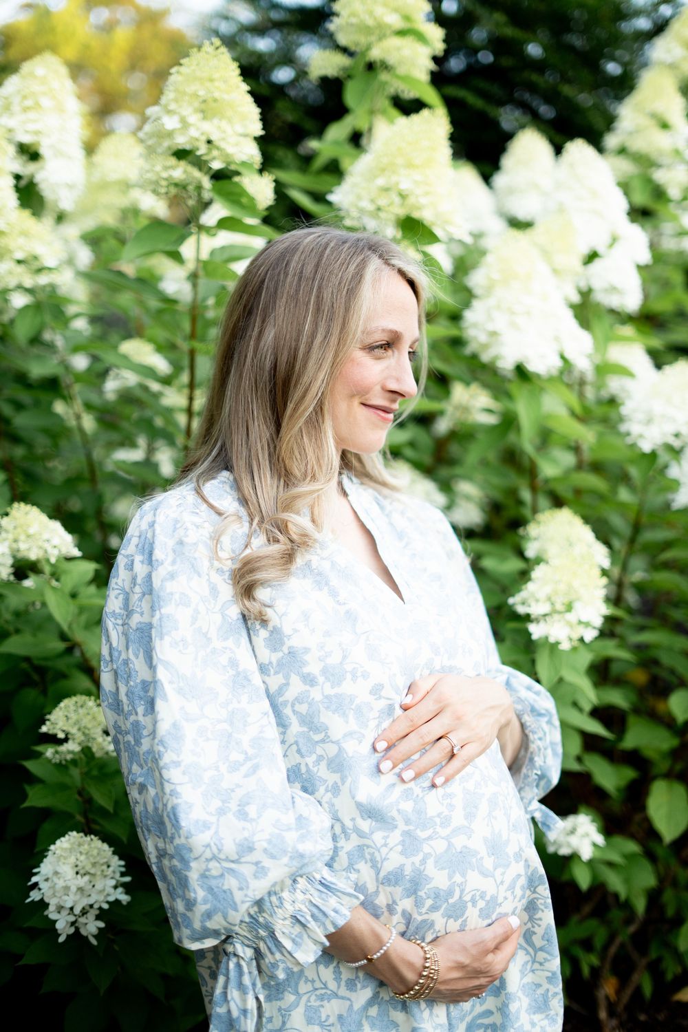 Pregnant woman in a blue floral dress cradling her baby bump among white hydrangea blooms.