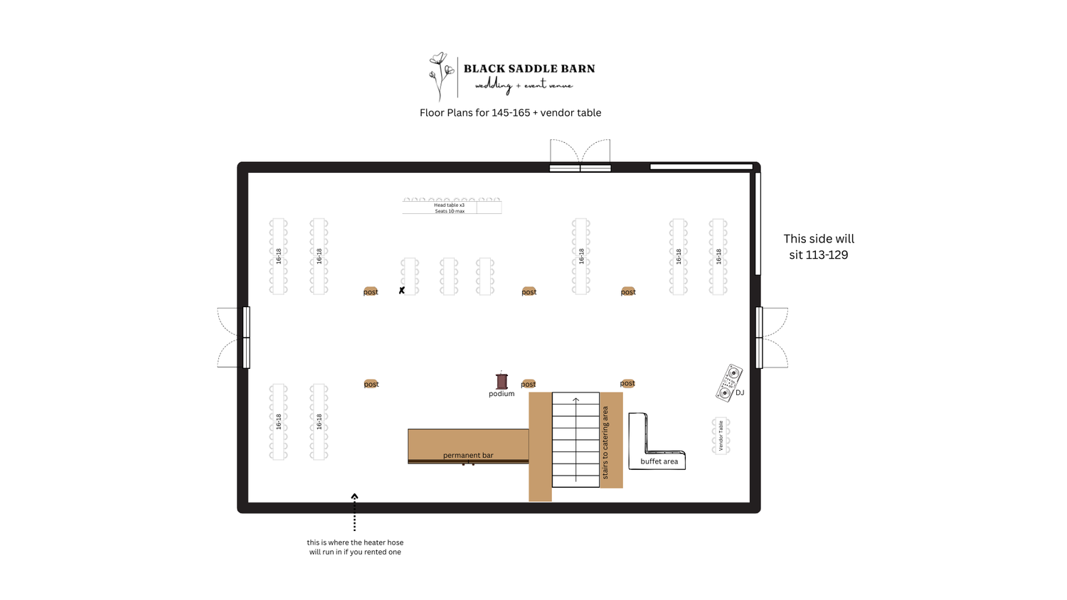 Barn wedding floor plan for 145–165 guests featuring optimized seating arrangement and defined guest pathways.