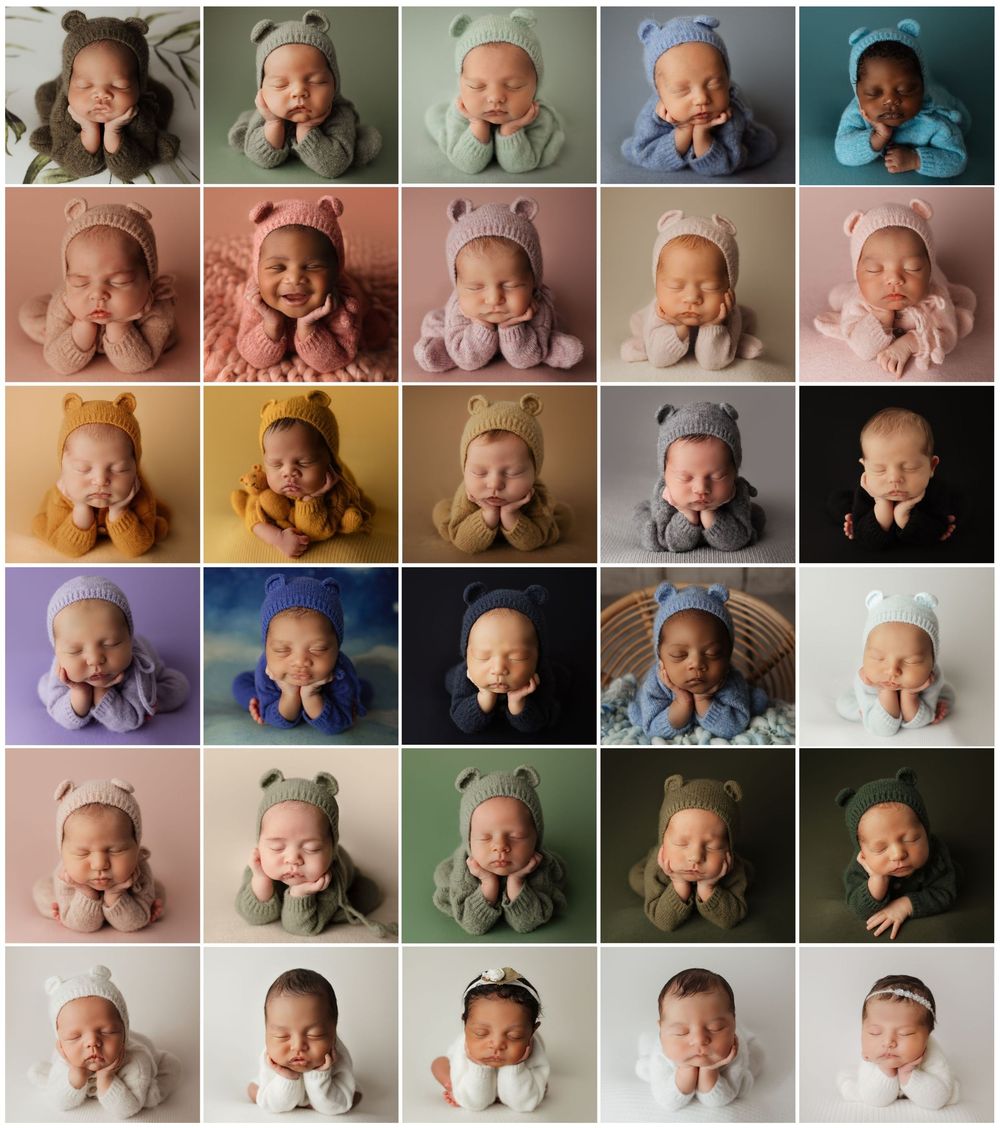 Collage of newborn babies in knit bear bonnets and matching outfits posed on colorful backgrounds in a professional studio.