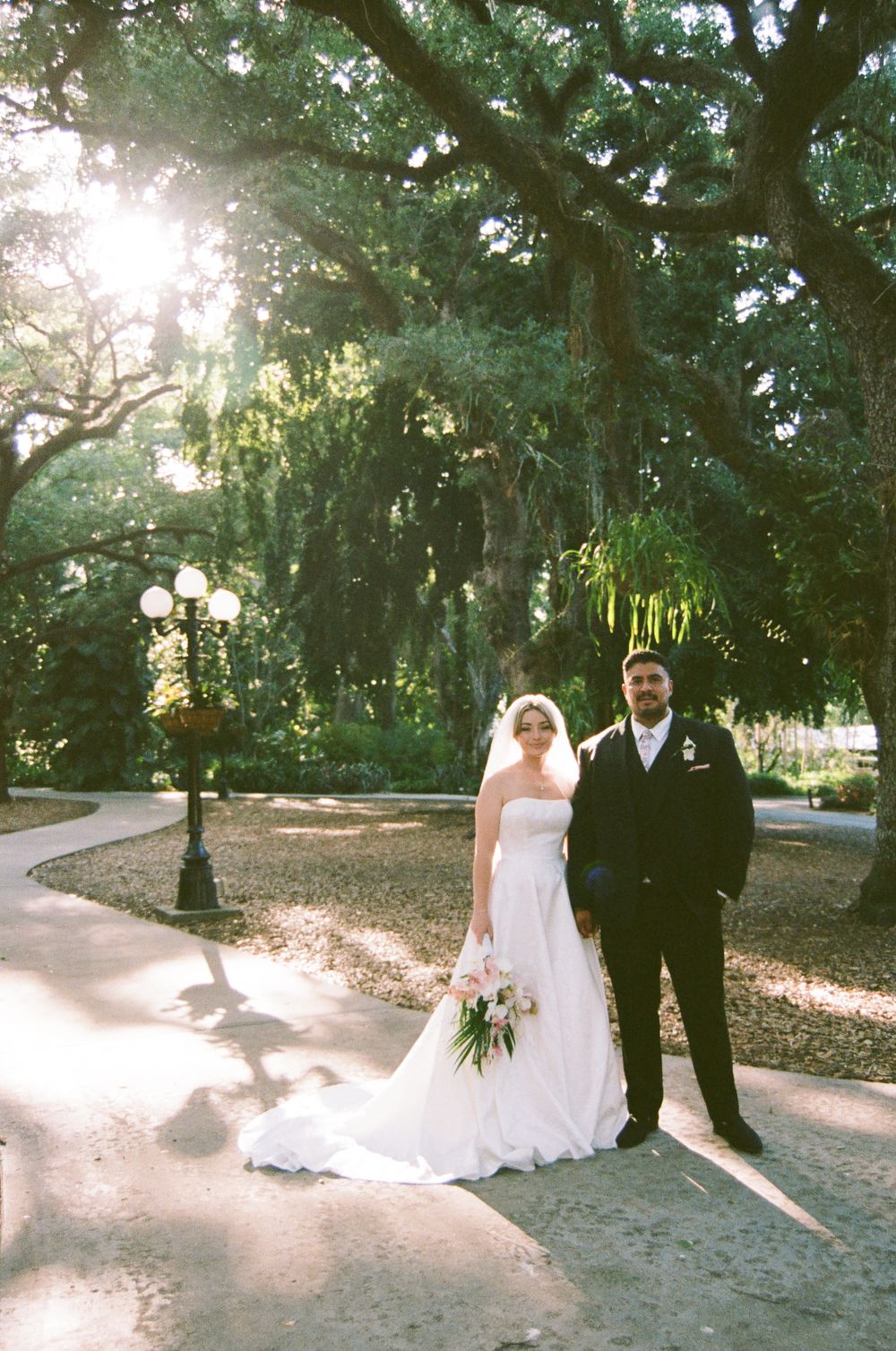 Bride in white gown and groom in black tuxedo pose under sprawling oak trees on a sunlit garden path.