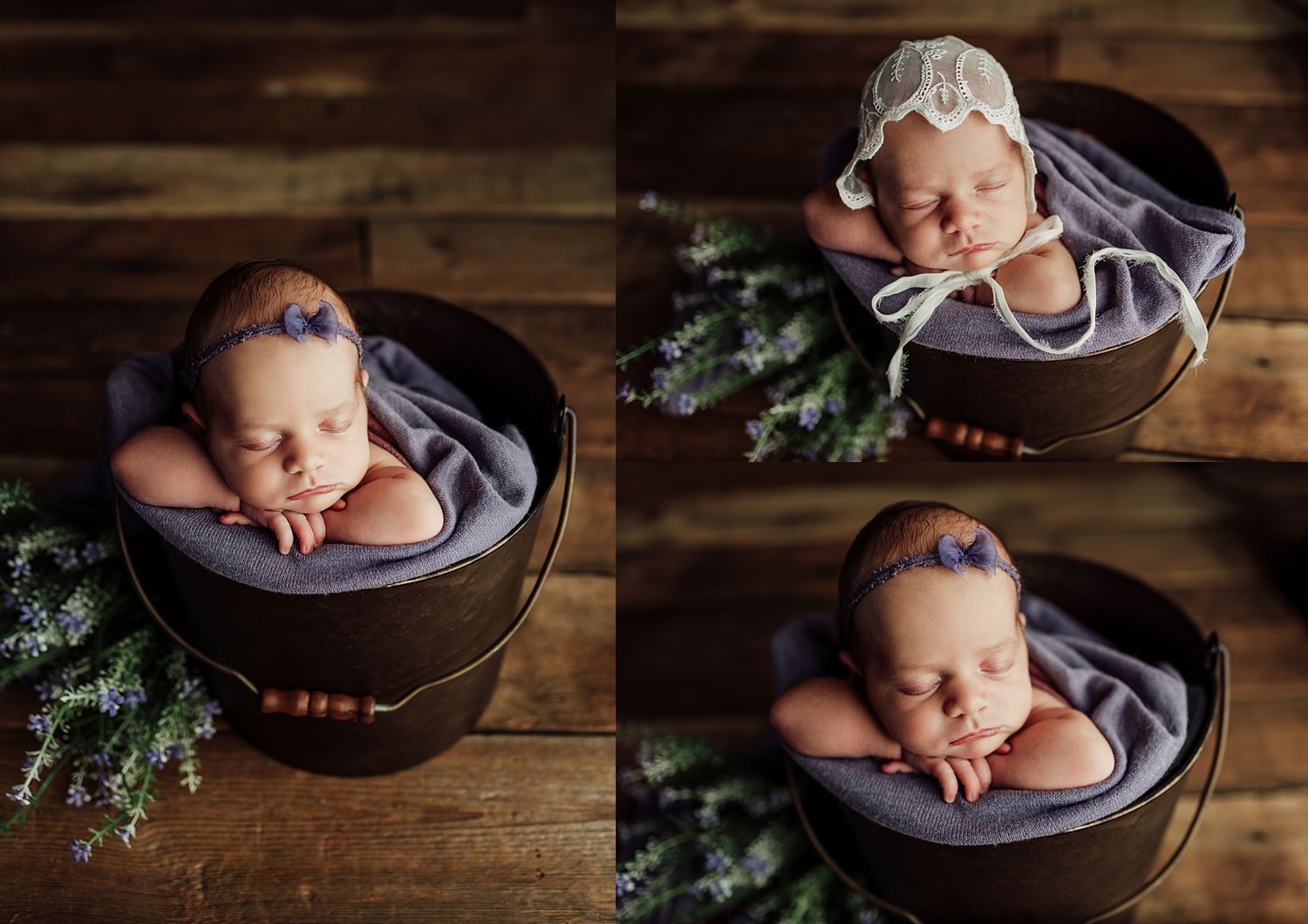 Newborn baby sleeping peacefully in a dark bowl with purple fabric and lavender flowers in a professional photo collage.
