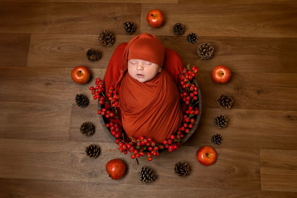 Newborn baby wrapped in orange swaddle in bowl surrounded by pinecones, red berries, and apples on wood floor.