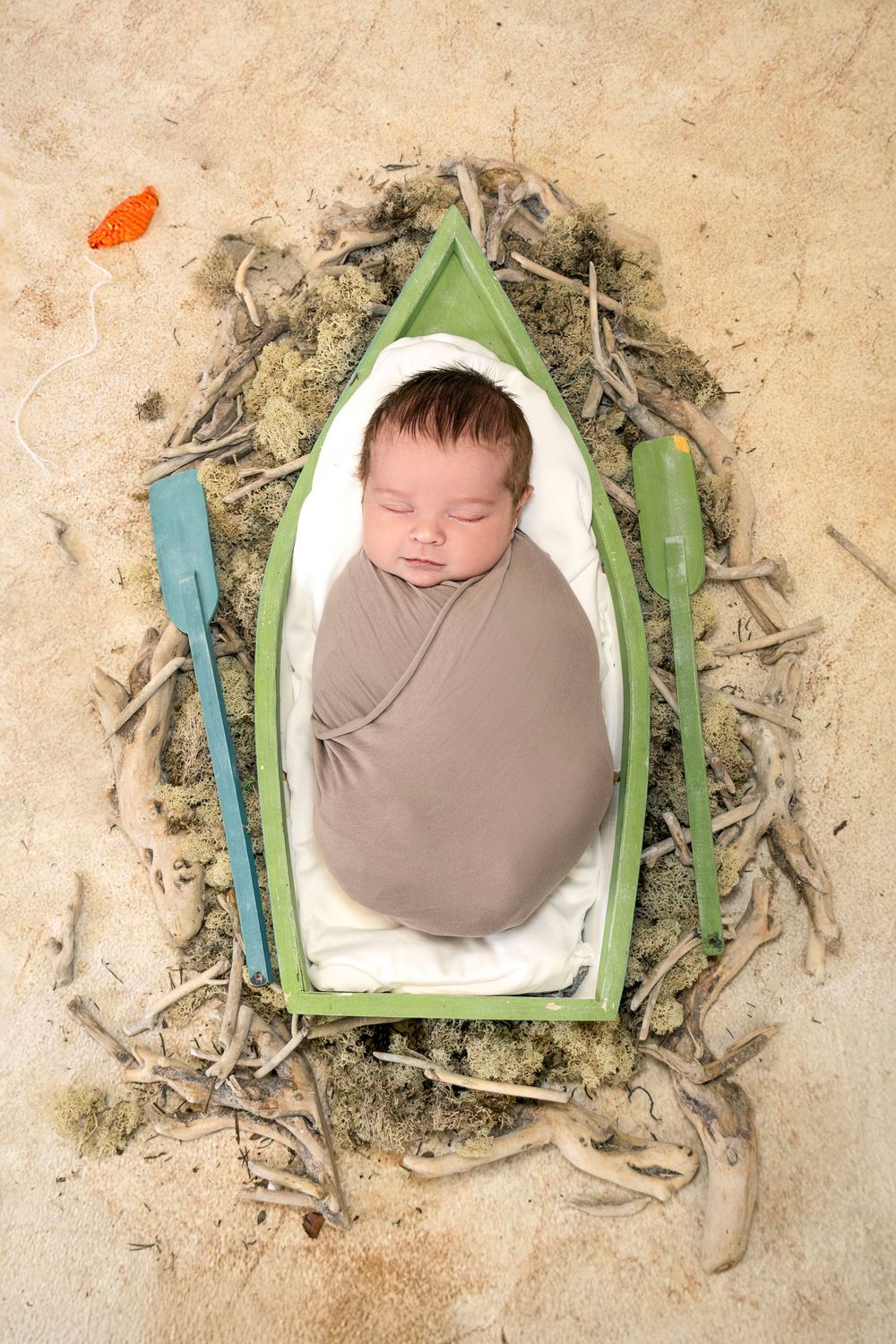 Newborn baby swaddled in tan wrap sleeping peacefully in a small green wooden boat surrounded by driftwood and moss.