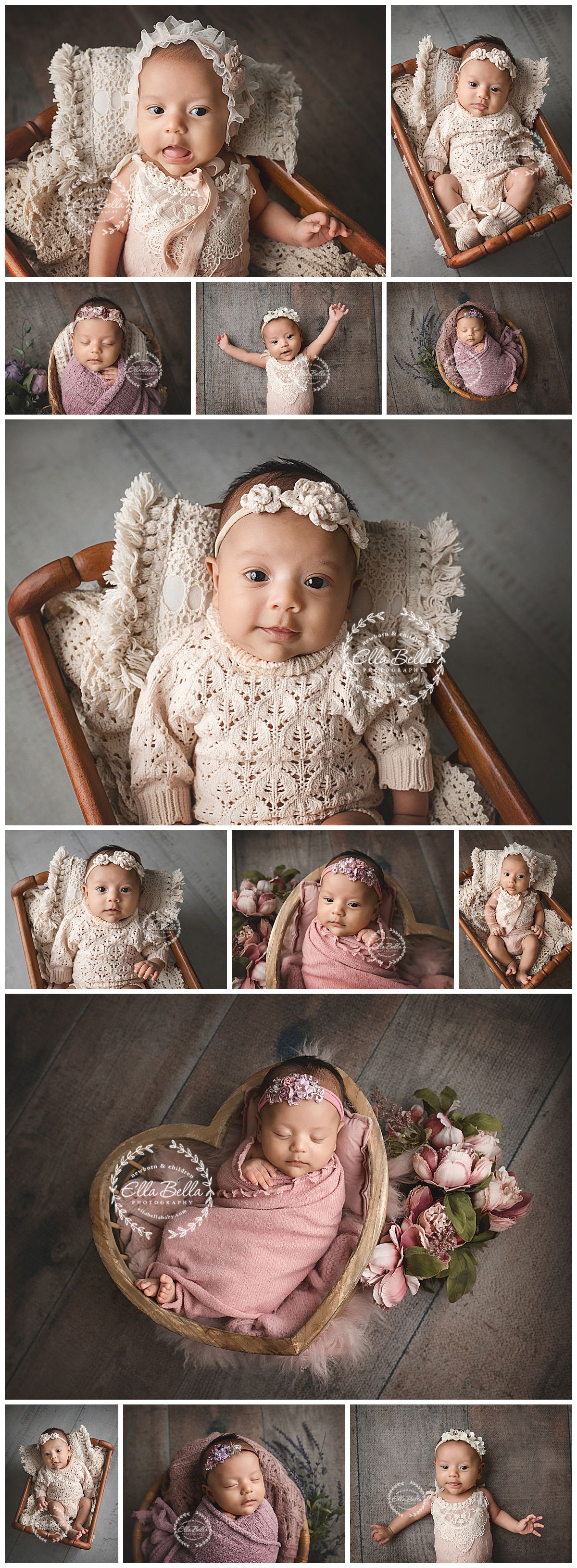 Adorable newborn baby girl posed in vintage wooden props, wearing cream knit outfits and pink wraps with floral headbands.