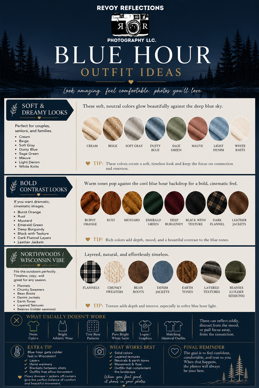 Blue Hour outfit ideas guide by Revoy Reflections Photography showing color palettes and styling tips for photo sessions.