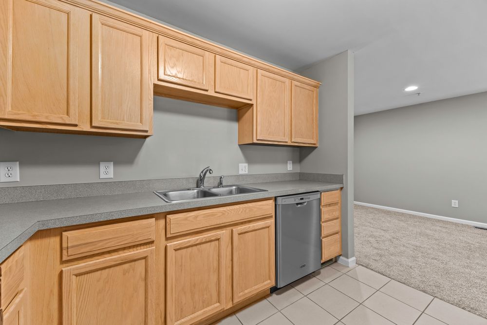 Kitchen area with light wood cabinets, stainless steel dishwasher, double sink, and gray countertops.