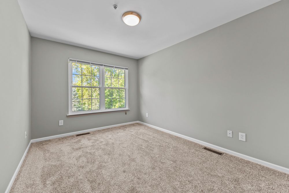 Sunlit empty bedroom featuring light green walls, beige carpet, and a large window with natural light.