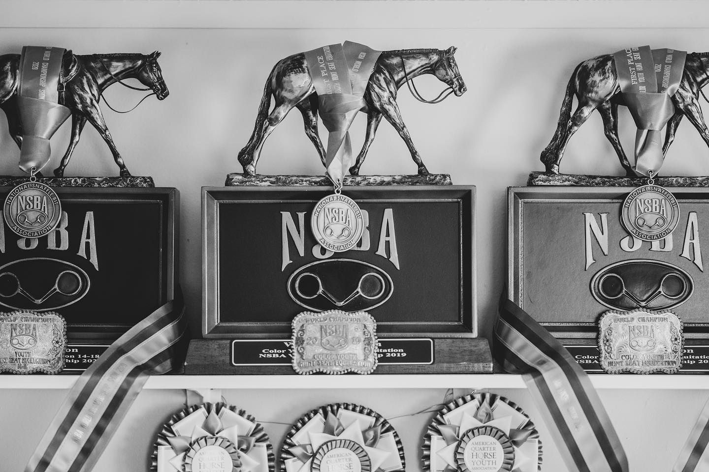Black and white photograph of vintage radio sets displayed on wooden shelves with decorative wolf statues on top.