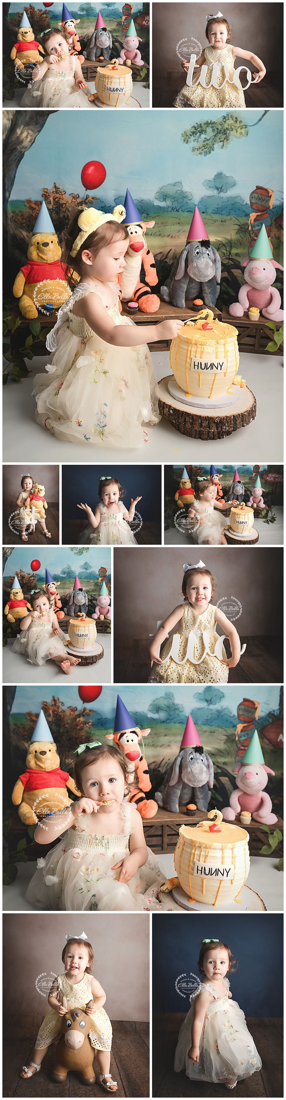 A Winnie the Pooh themed cake smash photoshoot featuring plush characters and a honey-themed birthday cake on a rustic wood slice.