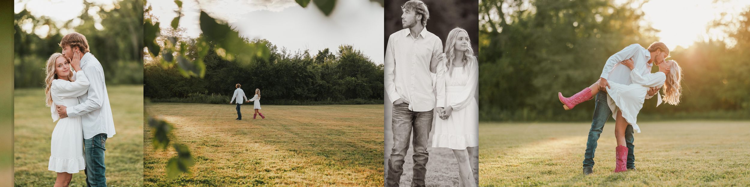 A series of outdoor family photos showing candid moments at sunset in a grassy field with trees in the background.