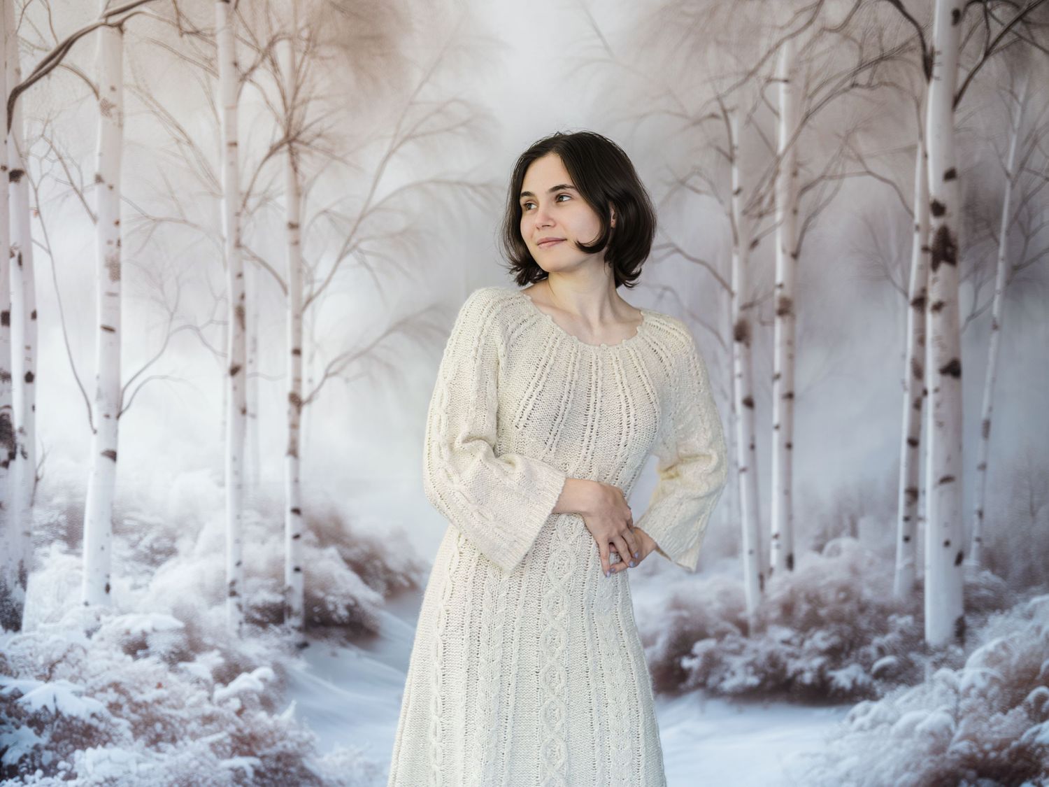 A dreamy winter scene with a person in a vintage white dress standing among frosted birch trees in ethereal lighting.