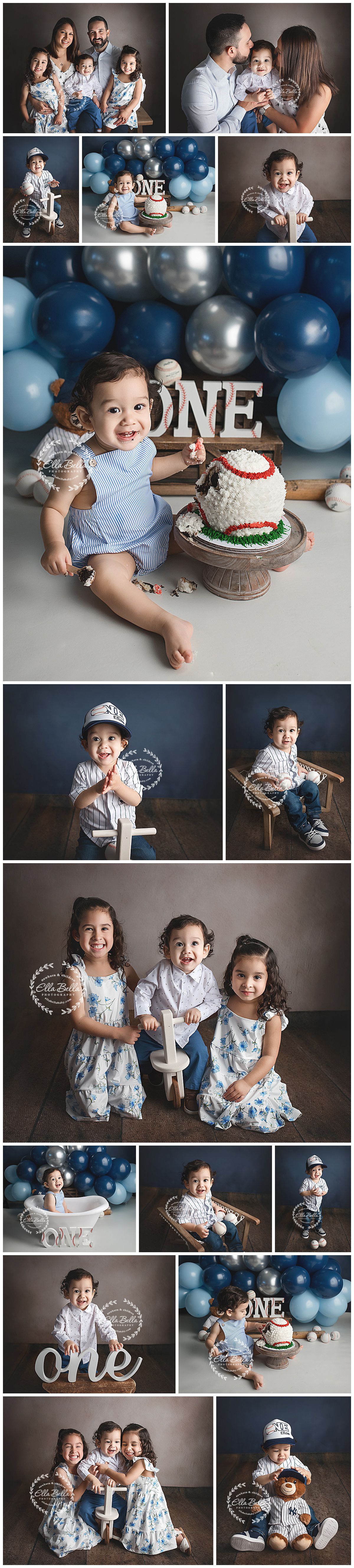 A collection of first birthday photos featuring blue and white balloons, a cake smash session, and family portraits in coordinated outfits.