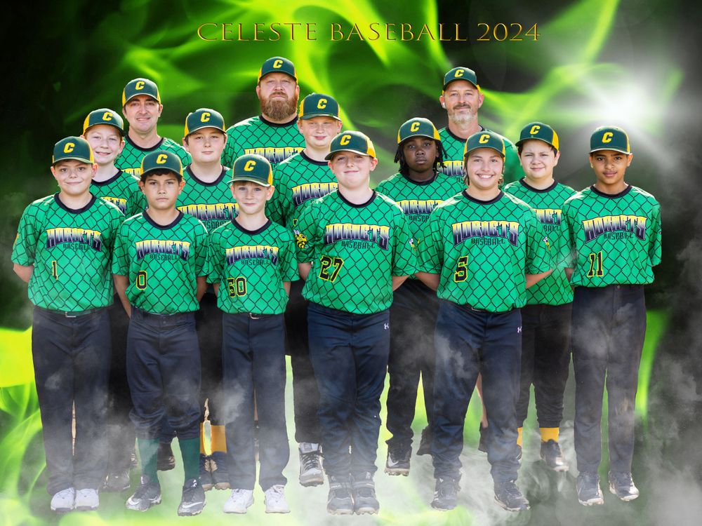 Youth baseball team in green jerseys posing for team photo with dramatic lighting effects.