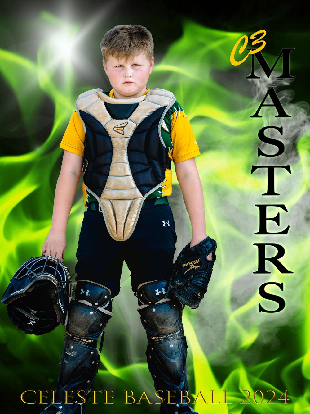 Baseball catcher in protective gear against dramatic green background with Masters text overlay.