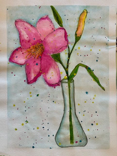 Pink lily flowers in glass vases with watercolor splatter effects on a light background.