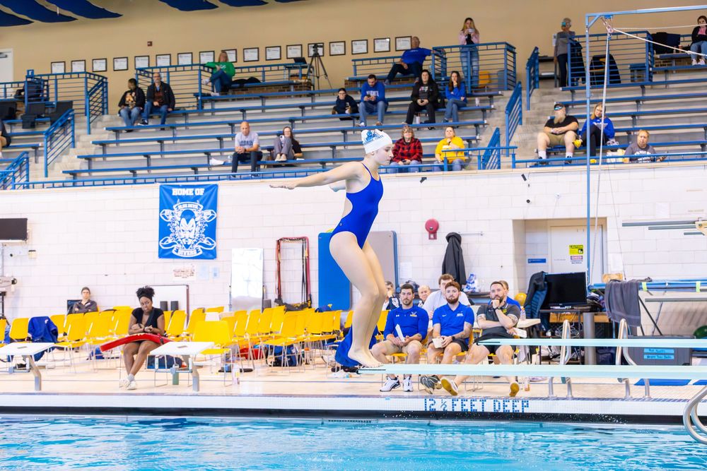 Wide view of an indoor swimming competition venue with bleachers and spectators watching athletes compete.