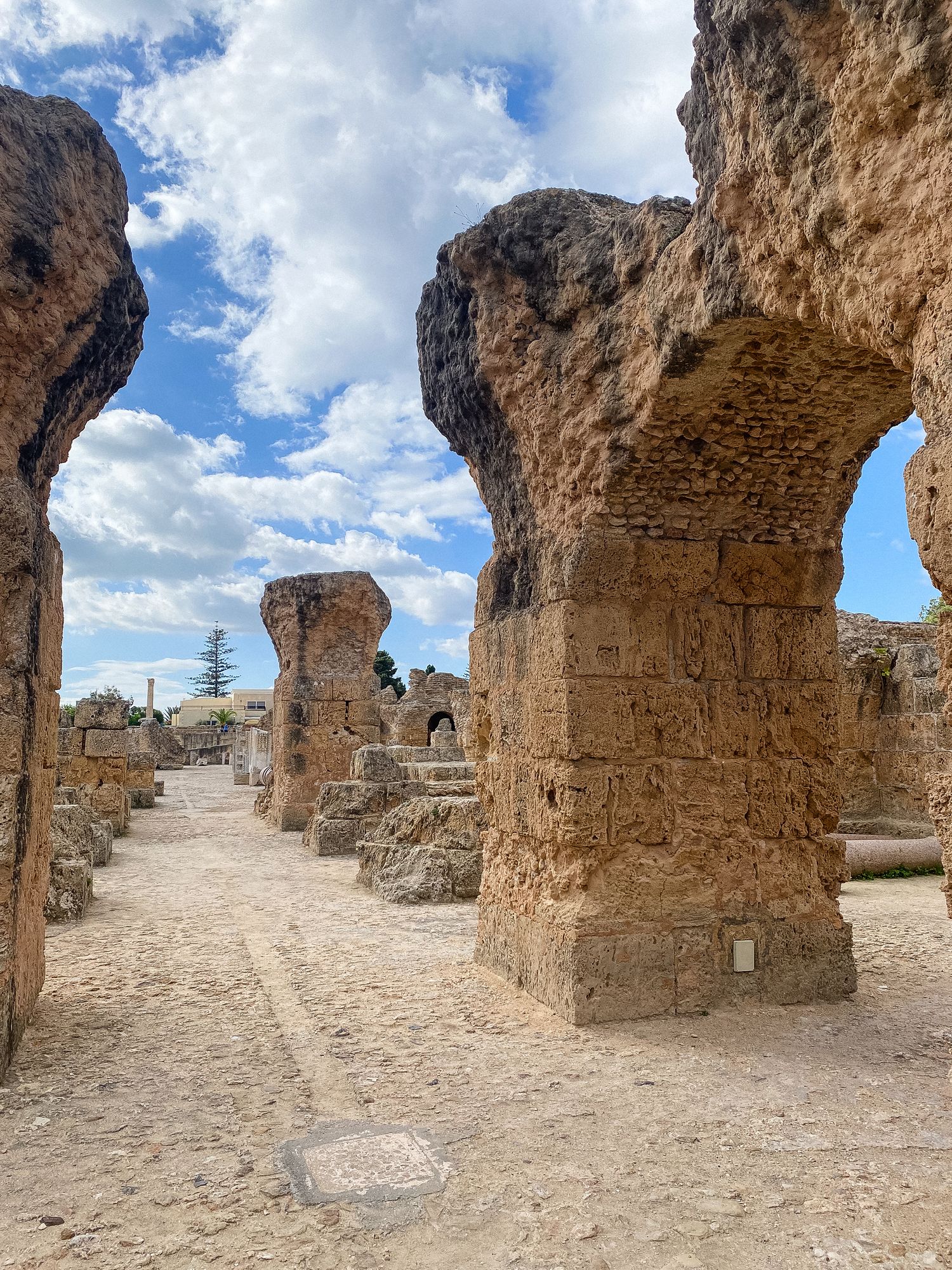 Ancient stone arches and columns line a path through the ruins of the Antonine Baths in Carthage, Tunisia against a blue sky.