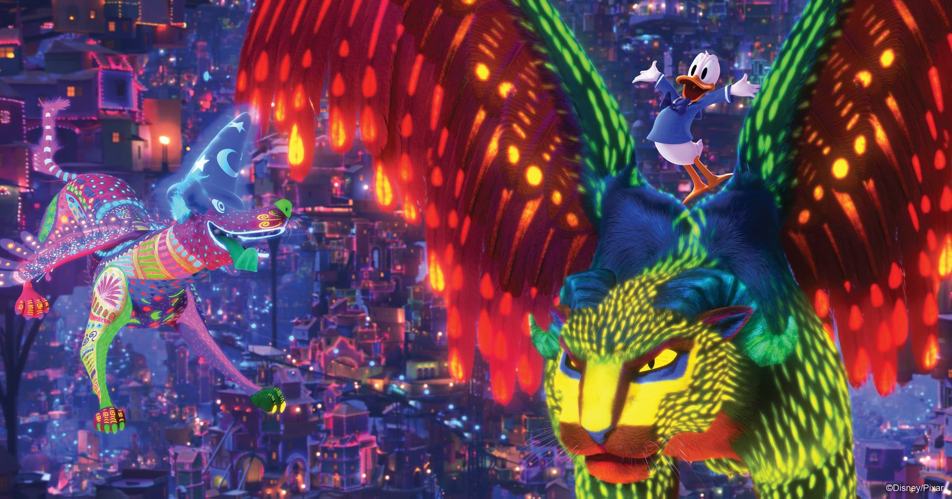 Vibrant scene from animated movie Across the Spider-Verse showing neon-lit cityscape with glowing winged characters in flight.