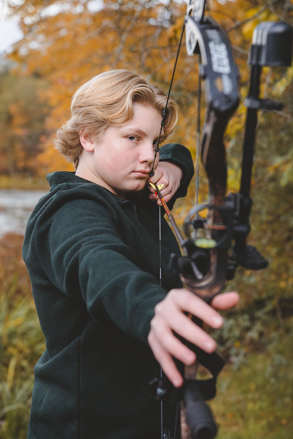 senior, boy, lake, woods, archery, country