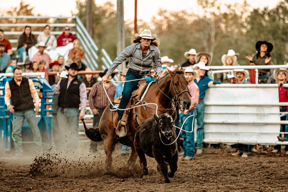 Dirt flies as a rodeo competitor navigates around barrels in an outdoor arena during a timed event.