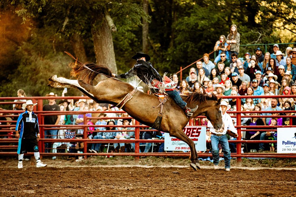 Spectators watch from bleachers as a rodeo bull launches high into the air during a dramatic ride.