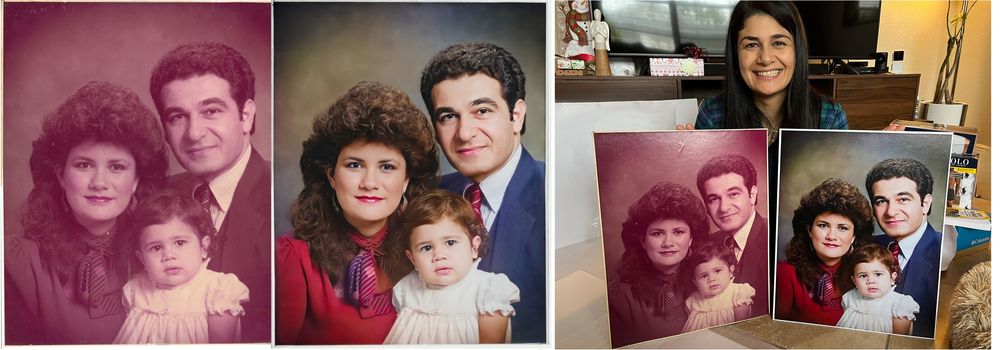 A side by side comparison of a photo restoration. It shows the before, the after, and the person who received the restored portrait.