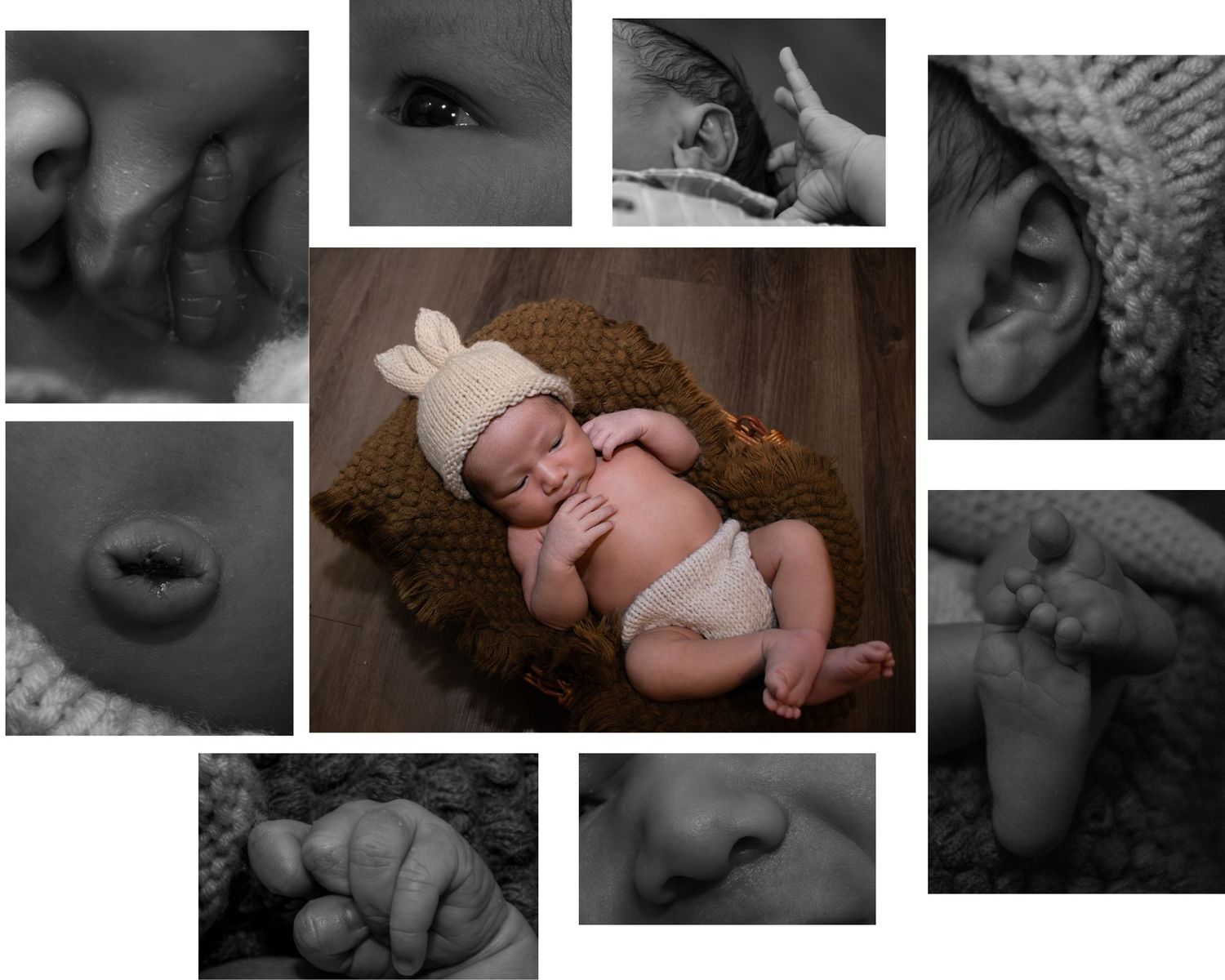 Black and white newborn photo collage highlighting tiny features and details.