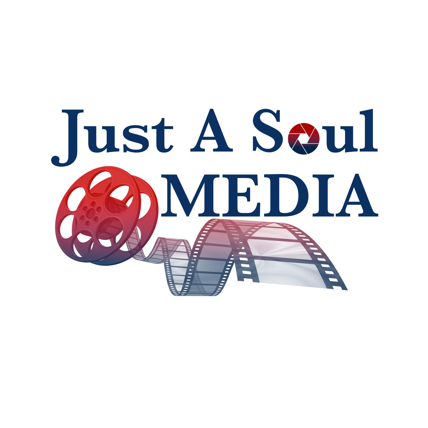 A series of movie reel film icons and text forming a banner header for "Just A Soul Media" brand.