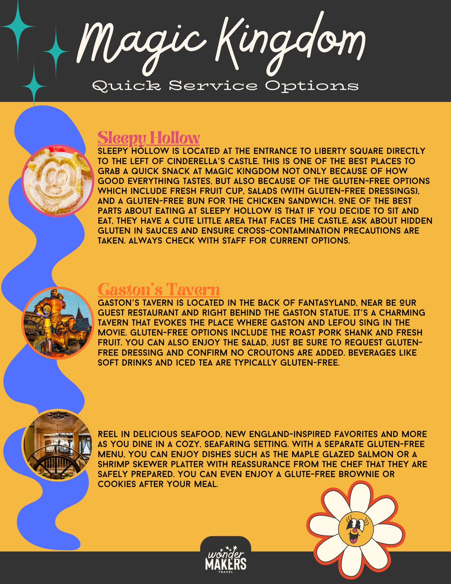 Quick service dining options page featuring Sleepy Hollow, Gaston's Tavern and seafood restaurant choices.
