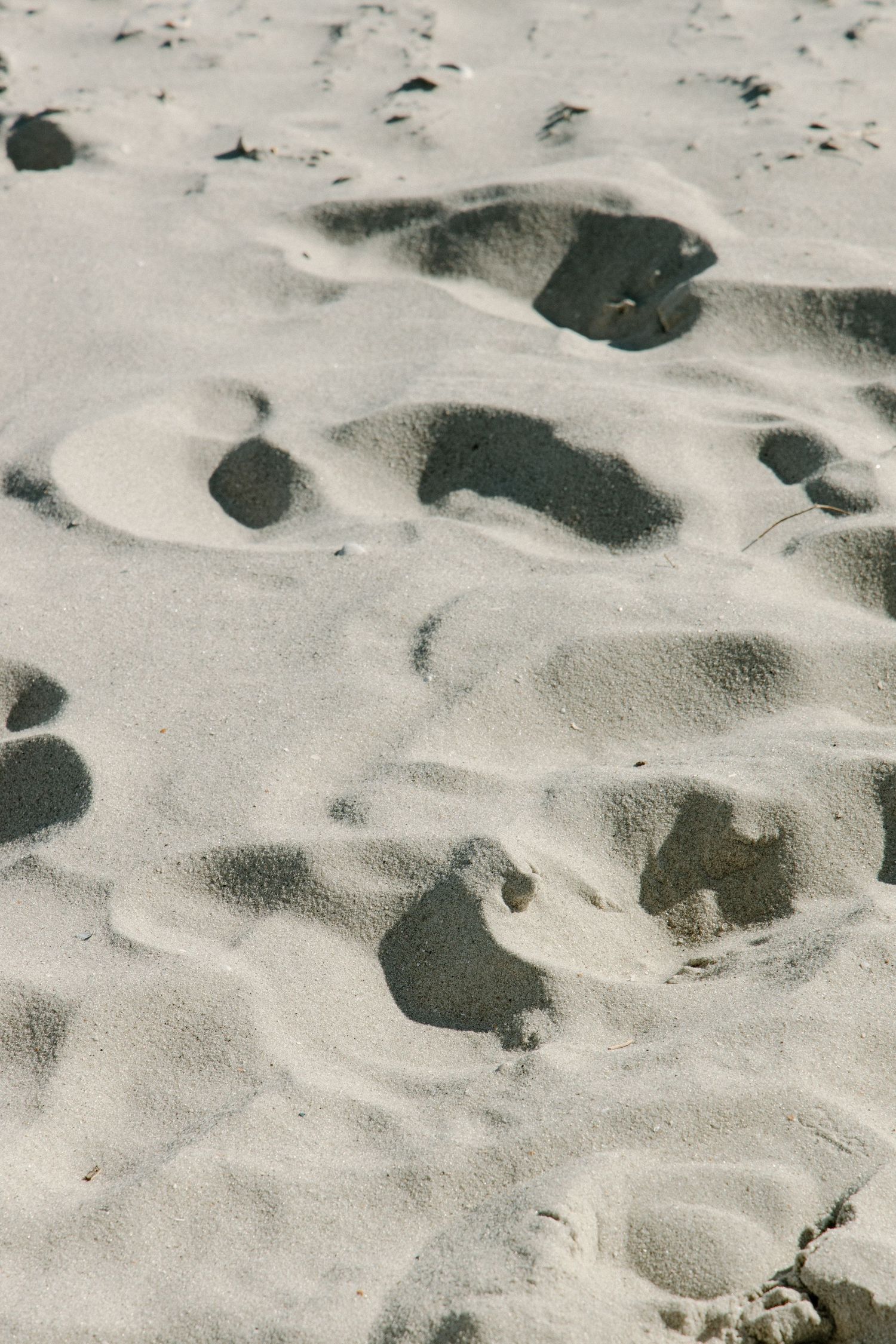Close up view of dark rocks scattered across rippling white sand creating a natural abstract pattern on the beach.