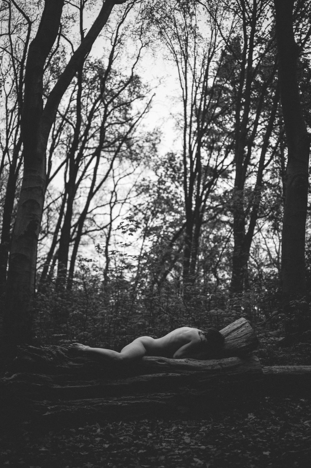 Black and white artistic photo of a nude figure lying in a forest setting with tall trees silhouetted against a bright sky.