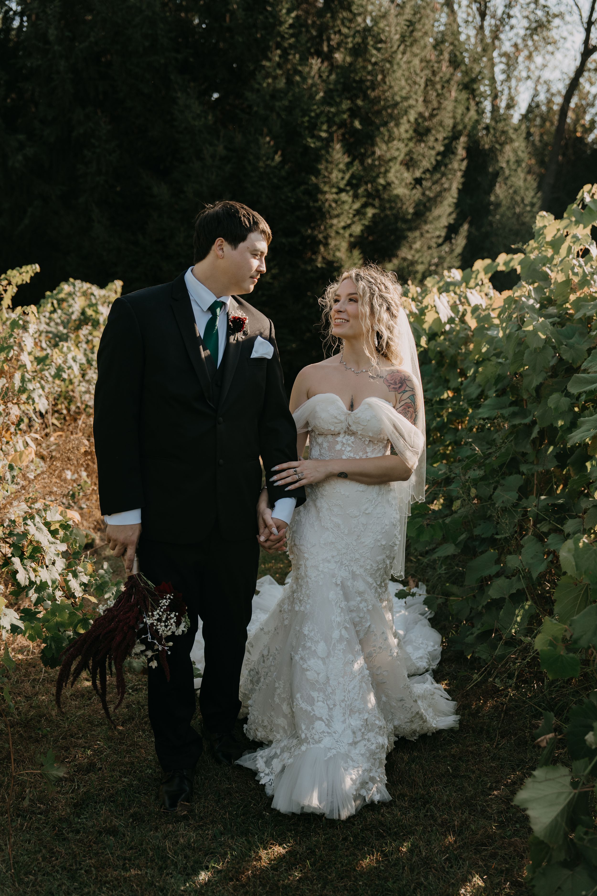 A romantic wedding photoshoot in a lush vineyard with sunlight filtering through the grapevines and trees.