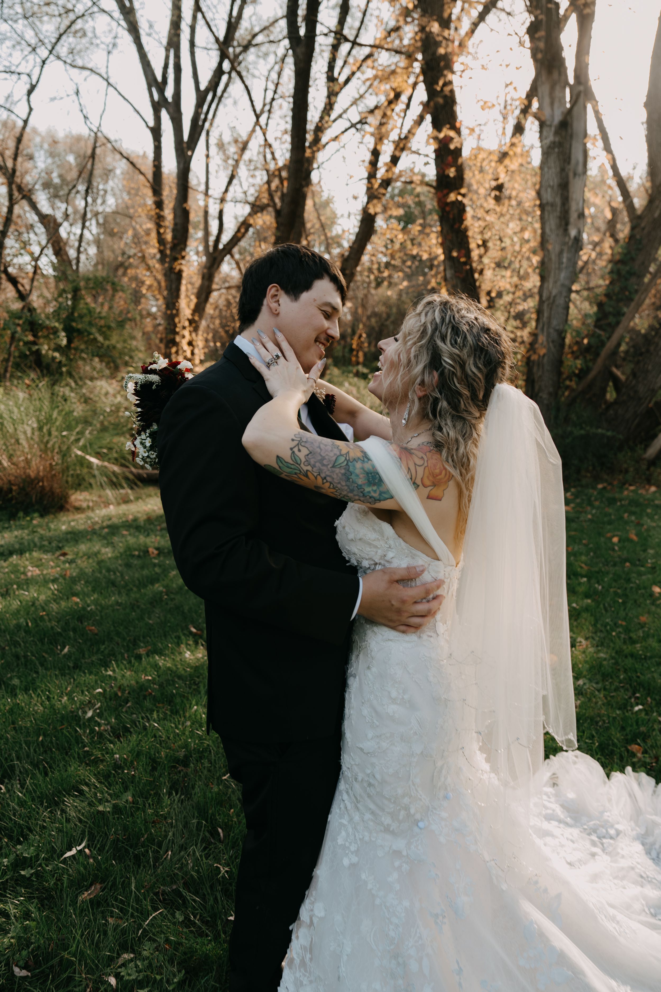 Wedding photography sequence showing intimate moments between newlyweds in a natural wooded setting.