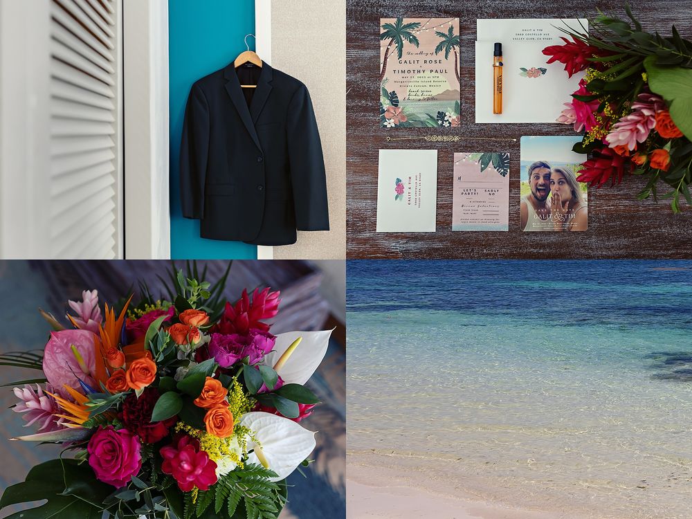 A wedding details collage featuring a navy blazer, tropical beach scene, colorful floral arrangement and invitation suite.