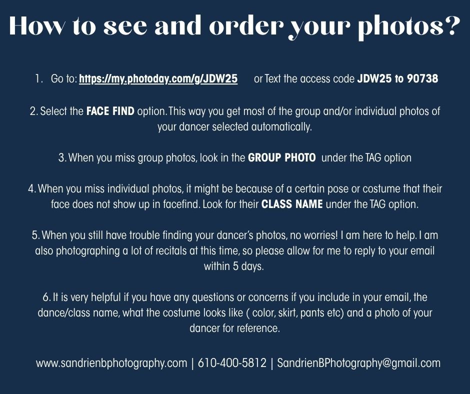 Instructions for ordering photos with detailed steps for accessing FACE FIND and GROUP PHOTO options on dark background.