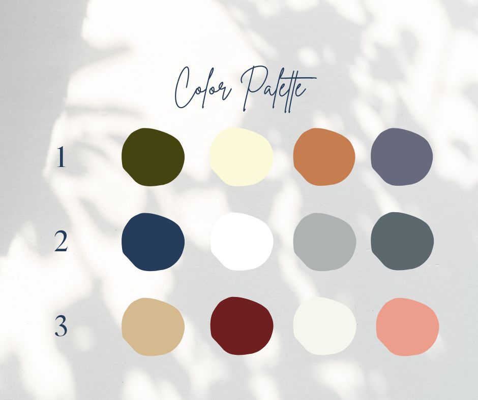 A collection of coordinated color palettes arranged in rows featuring muted earth tones and soft pastels.