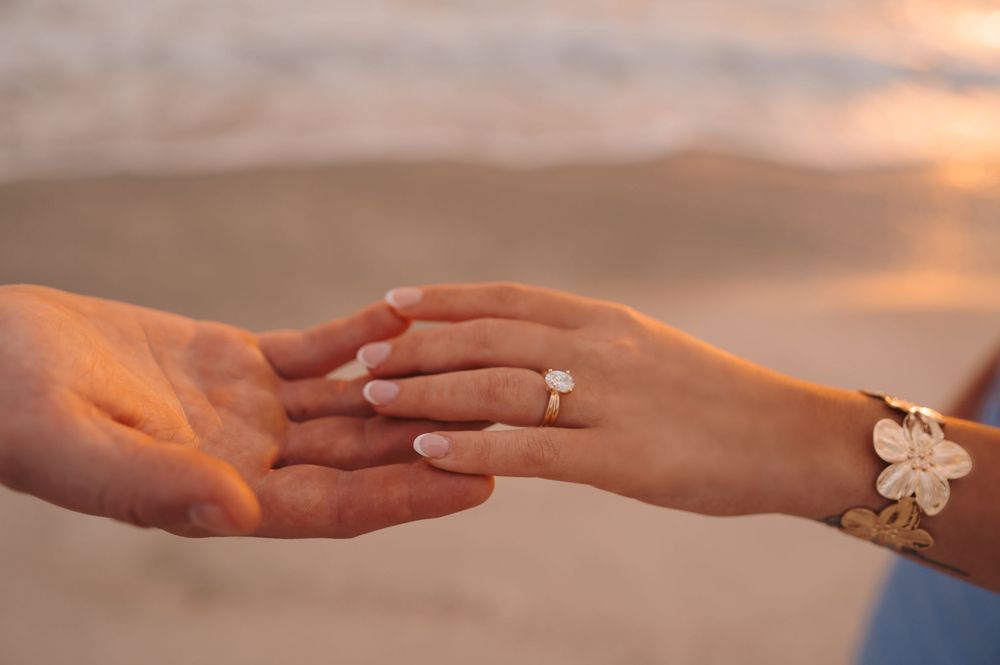 Ring detail from a newly engaged couple’s sunset session