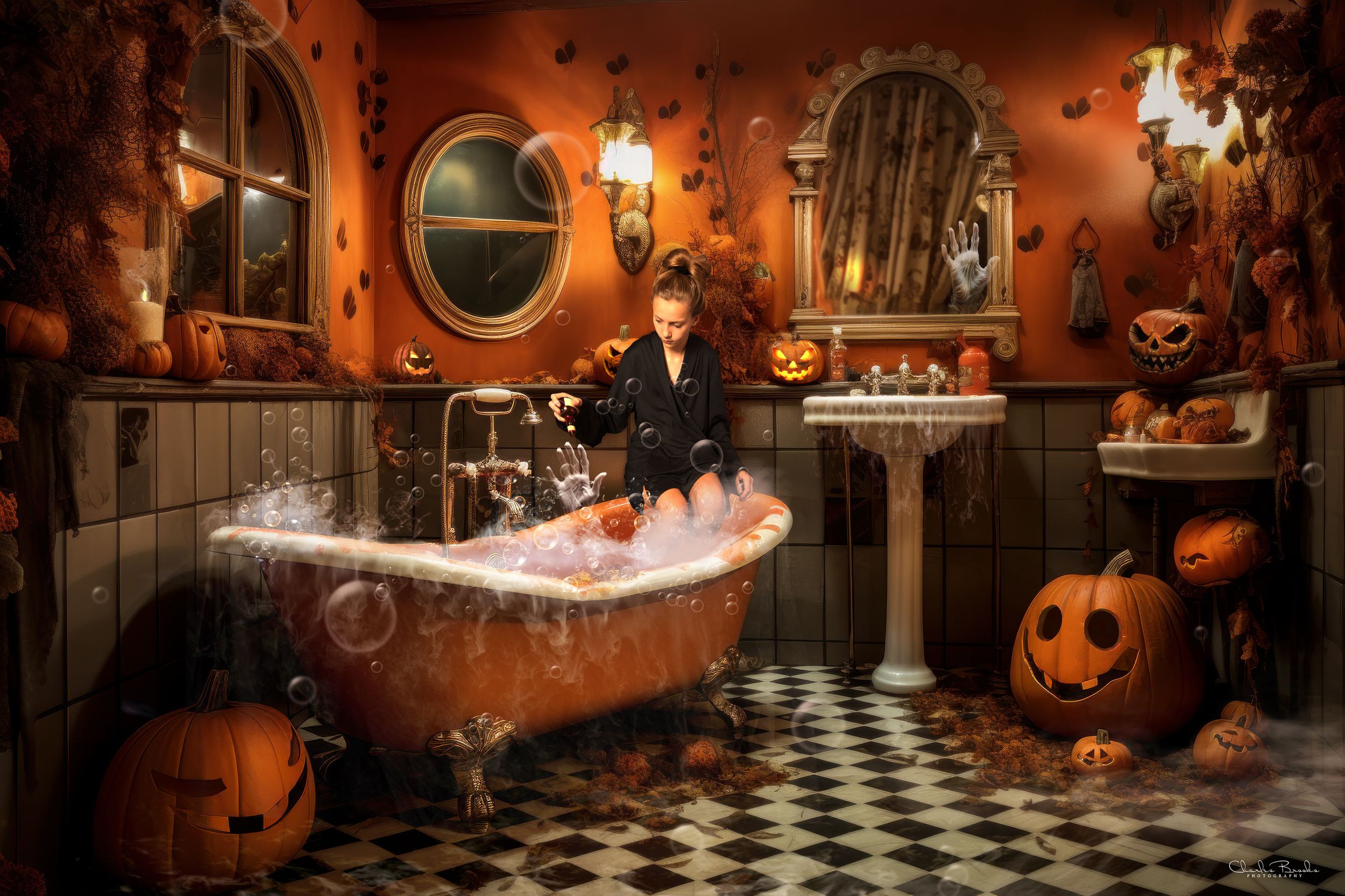 Halloween-themed bathroom scene with clawfoot tub, pumpkins, and magical smoke effects.