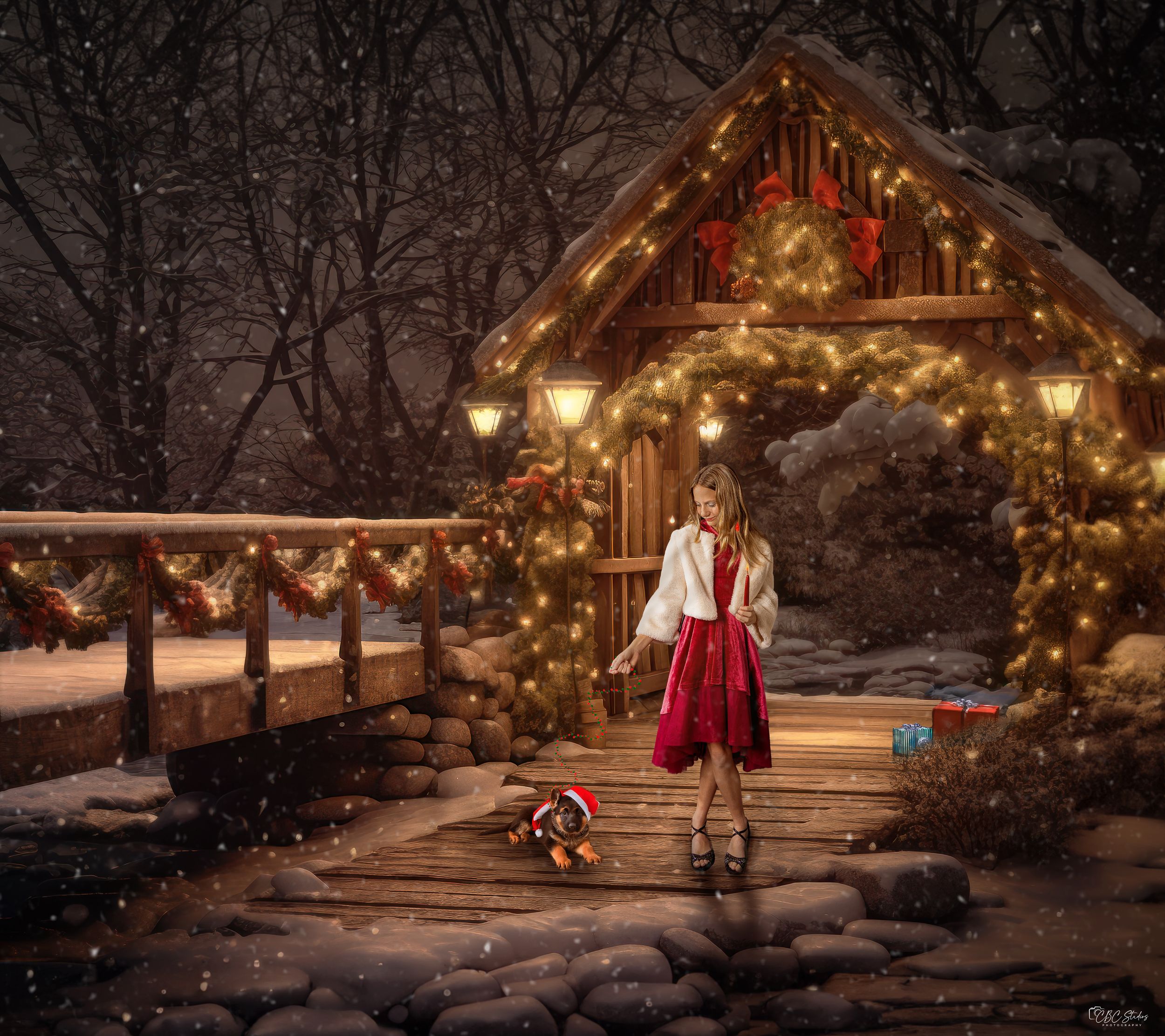 Cozy rustic cabin decorated with Christmas lights in a snowy winter scene at night.