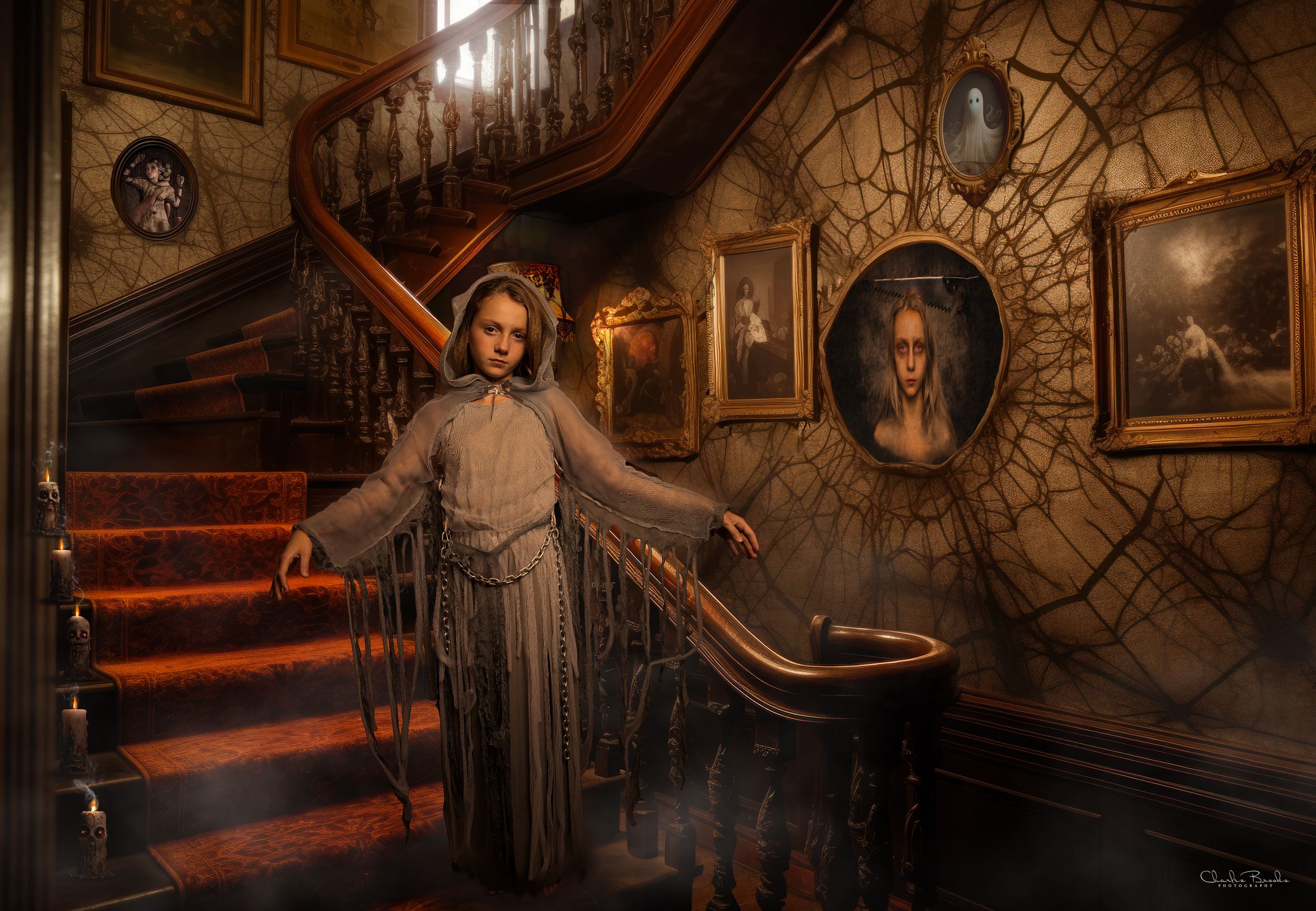 Atmospheric vintage mansion interior with ghostly figure on ornate staircase surrounded by portraits.