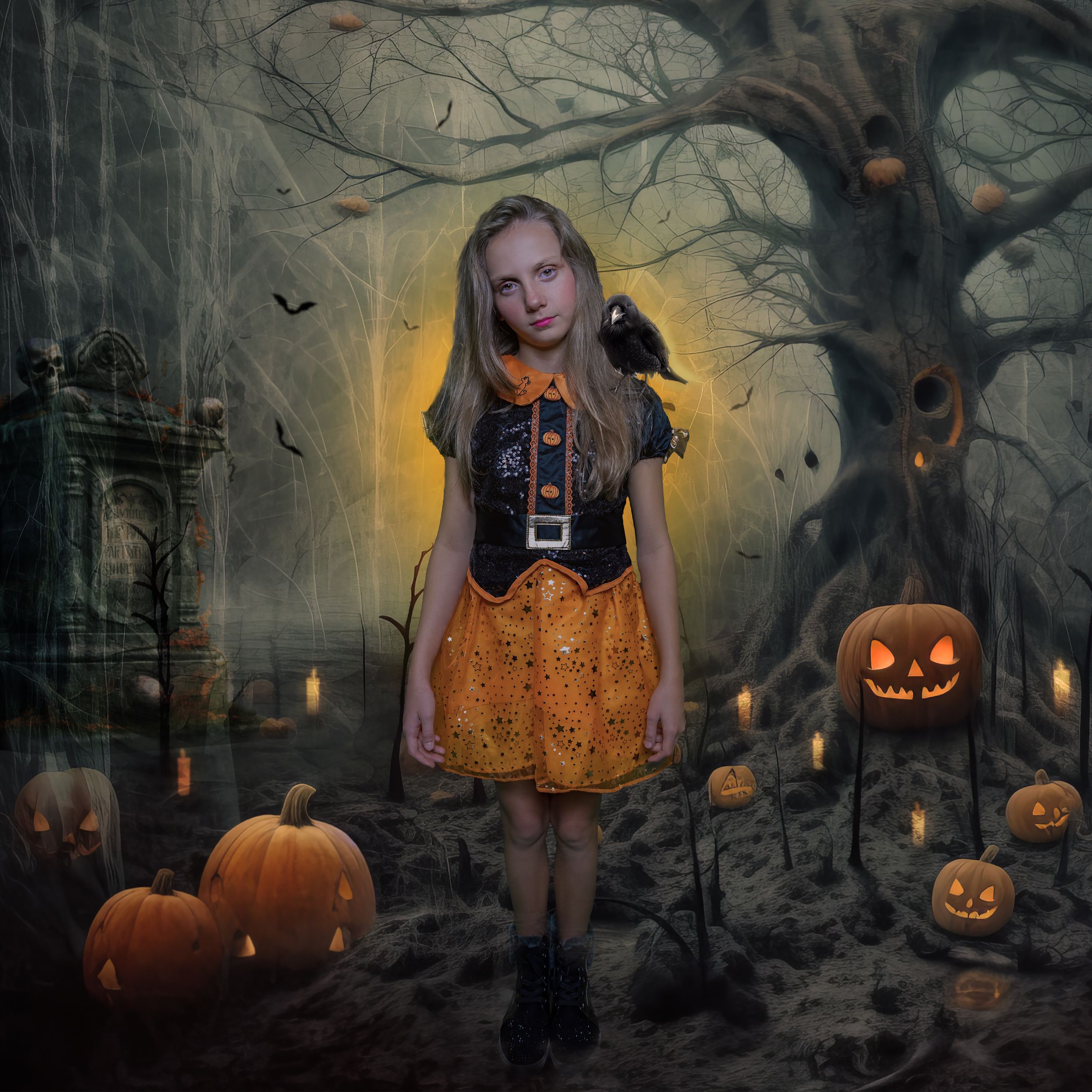 Halloween scene with spooky decorations, pumpkins, and someone in an orange and black costume.