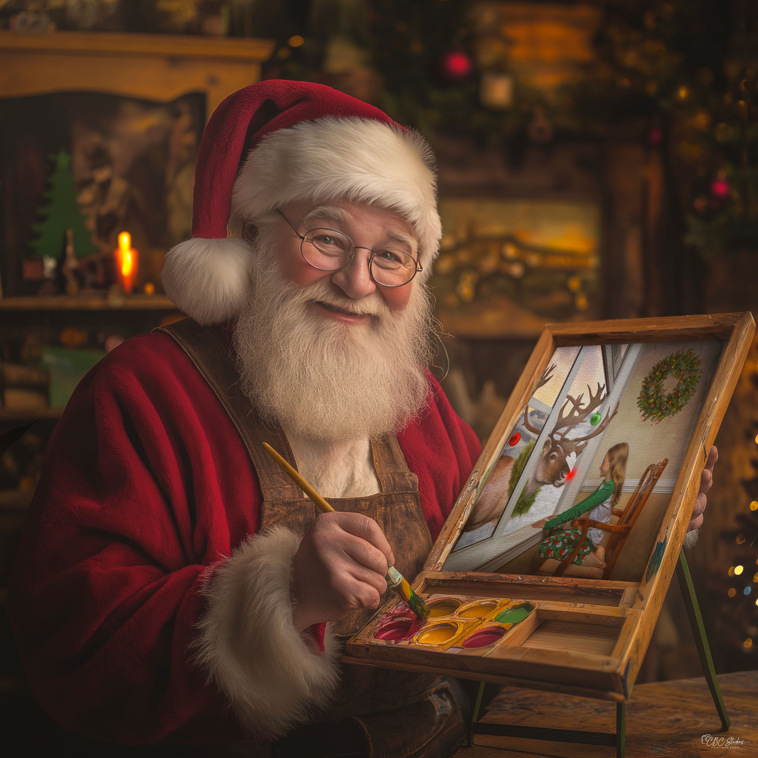 Santa Claus painting a holiday scene in his workshop with warm lighting and festive decorations.