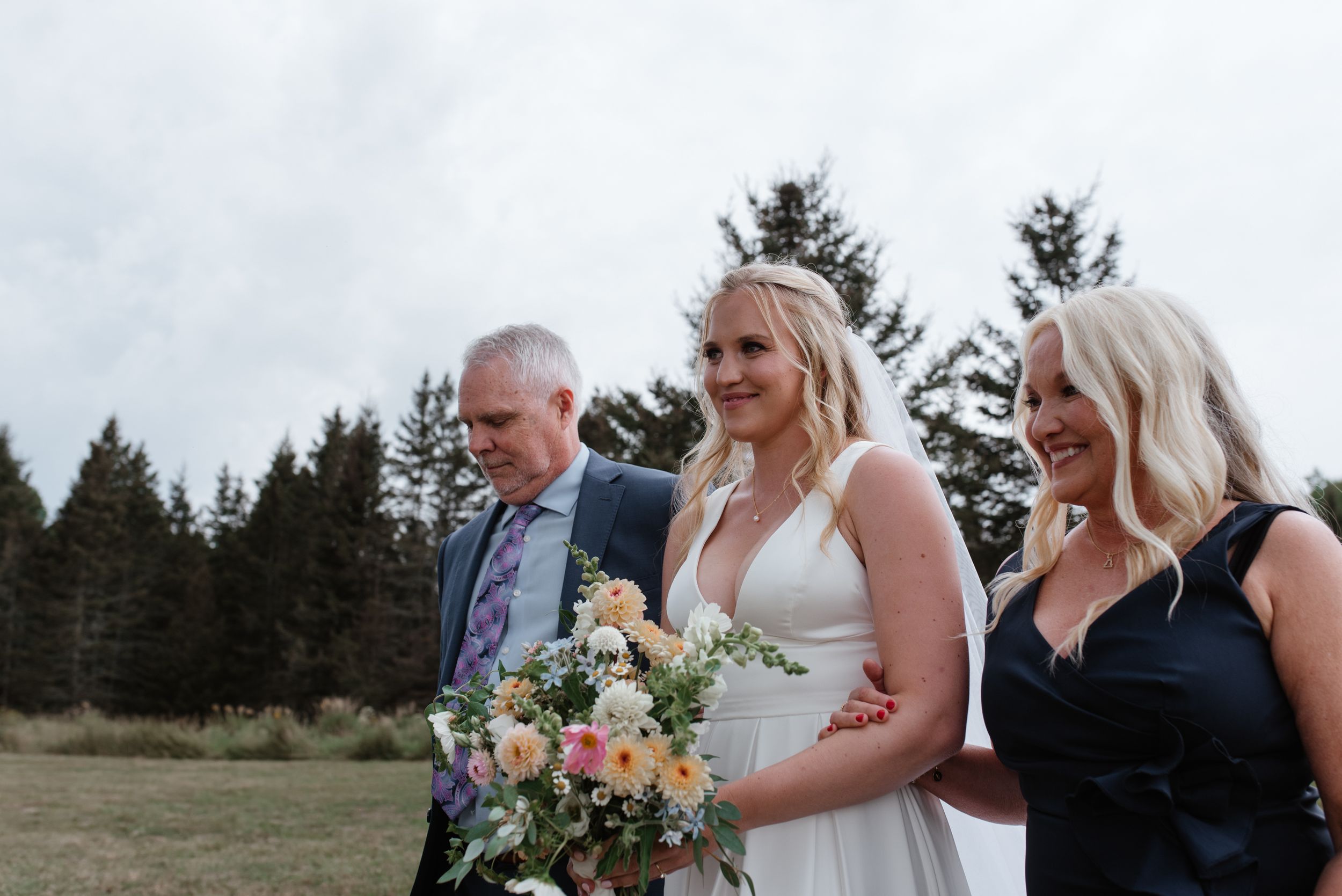 A multi-image collage showing different angles of a wedding party in an outdoor setting with evergreen trees.