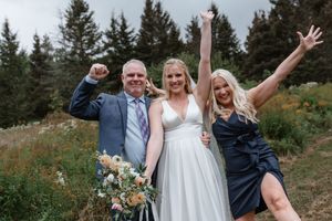 Wedding celebration collage showing happy couple and guests celebrating outdoors in a natural forest setting with evergreen trees.